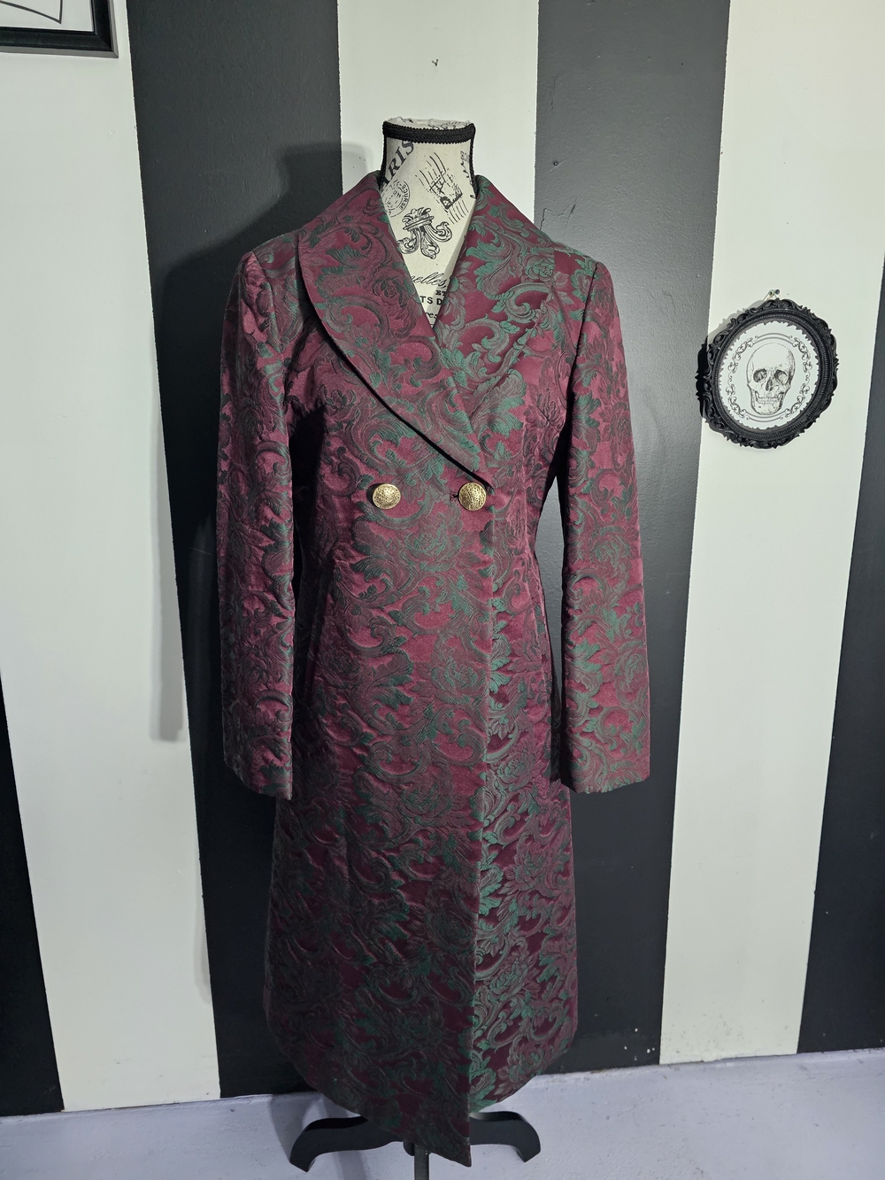 Lestat Brocade Trench Coat in Burgundy and Green